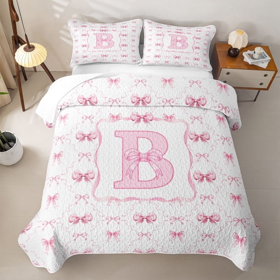 Manfei Princess Bowknot Letter Monogrammed B Twin Quilt Set for Girls,Teens Women Shabby Chic Bow Tie Initial Twin Coverlet Set