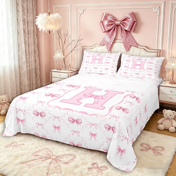Manfei Princess Bowknot Letter Monogrammed H Full Size Sheets 4-Piece for Kids Girls,Teens Women Shabby Chic Bow Tie Initial Bed Sheets,Luxury Bedroom Decor