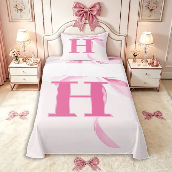 Manfei Princess Bowknot Letter Monogrammed H Twin Sheet Sets 3pcs for Kids Girls,Teens Women Shabby Chic Bow Tie Initial Bedding,Super Cozy Room Decor