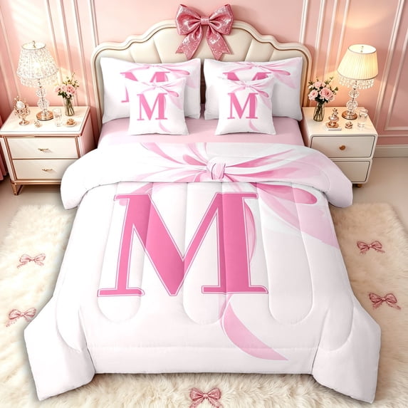Manfei Princess Bowknot Letter Monogrammed M Bedding Comforter Set 7 Pieces for Kids Girls,Teens Women Shabby Chic Bow Tie Initial Full Bedding Set,Pink Reversible,Luxury Bedroom Decor