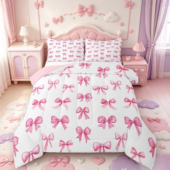 Manfei Princess Bowknot Ribbon Full Size Comforter Sets,Pink Dreamy Bow Tie Bedding Comforter Set,Pink Reversible,3 Pieces,1 Comforter and 2 Pillowcases
