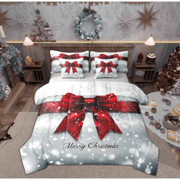 Manfei Princess Bowknot Twin Bedding Sets 7-Piece for Child, Xmas Snowflake Print Bedding Comforter Set, Happy New Year Reversible Sheet Sets, Lightweight Room Decor
