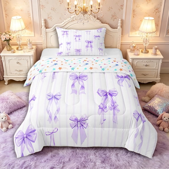 Manfei Princess Bowknot Twin Comforter Sets 3-Piece for Girls,Purple Geometric Stripes Bedding Set for Teens Kids,Microfiber Bedroom Decor