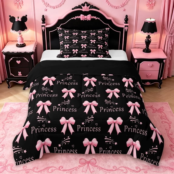 Manfei Princess Bowknot Twin Comforter Sets For Girls,Pink Dreamy Bow Print Bedding Set For Kids,Black Reversible,2 Pieces