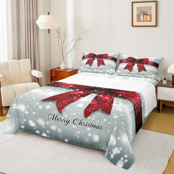 Manfei Princess Bowknot Twin Sheet Sets for Child, Xmas Snowflake Print Twin Fitted Sheet, Happy New Year Flat Sheet, Lightweight Room Decor, 3-Piece