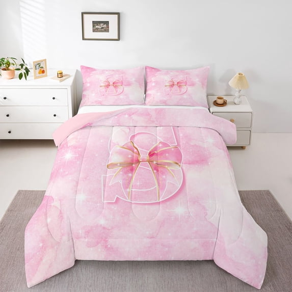 Manfei Princess Bowtie Full Size Comforter Sets,Lovely Initial S Bedding Comforter Set,Pink,Pink Reversible,3pcs,1 Comforter and 2 Pillowcases