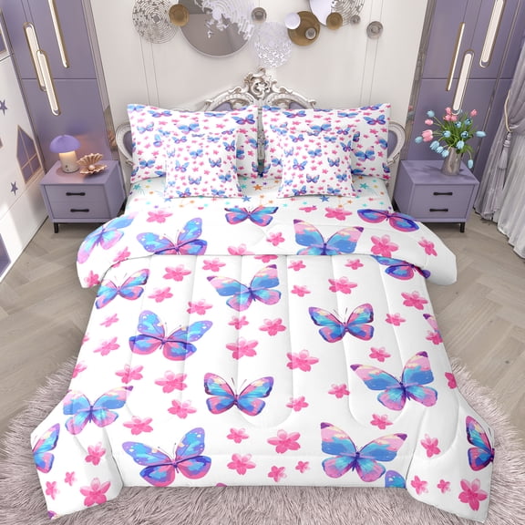Manfei Princess Butterfly 7-Piece Twin Bedding Sets for Teen, Cartoon Blossoms Floral Bedding Comforter Set, Kawaii Animal Reversible Sheet Sets, Microfiber Bedroom Decor
