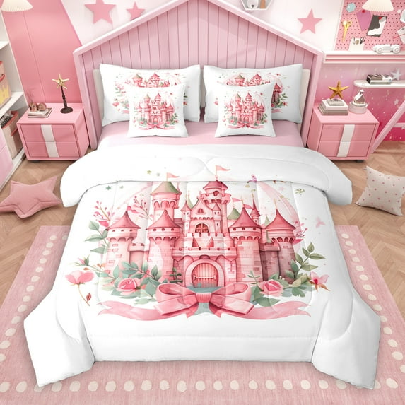 Manfei Princess Castle 7pcs Bedding Comforter Set,Fairy Tale Theme Queen Bedding Sets,Romantic Flower Pink White Queen Sheet Sets For Gir Kids,Ultra Soft Home Decor Reversible