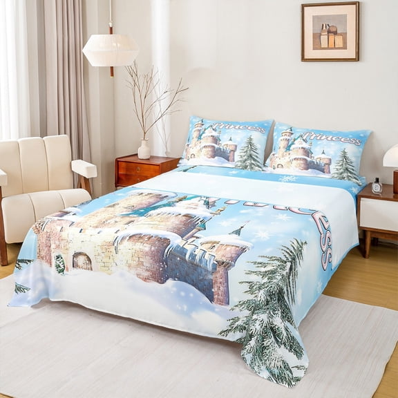 Manfei Princess Castle Bed Sheets 4 Pieces, Winter Snow Xmas Tree King Sheets, Cute Girls Sheet Set, Super Cozy Room Decor