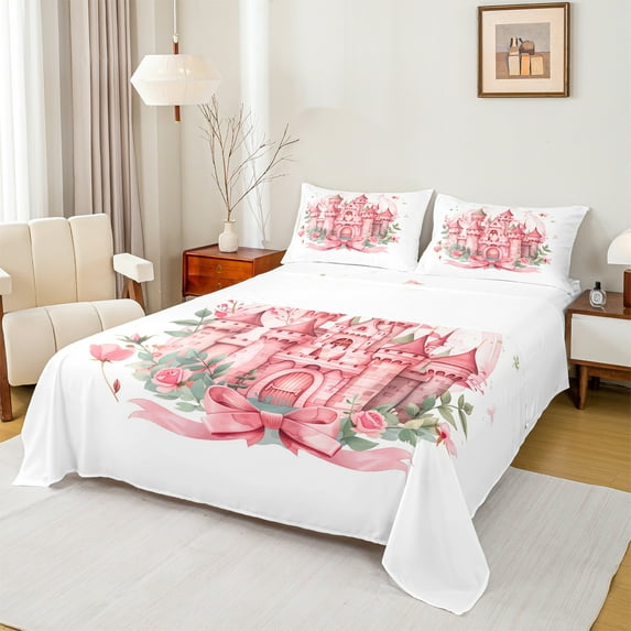 Manfei Princess Castle Bed Sheets,Fairy Tale Theme King Sheets,Romantic Flower Pink White Sheet Set For Gir Kids,Ultra Soft Home Decor,4 Pieces