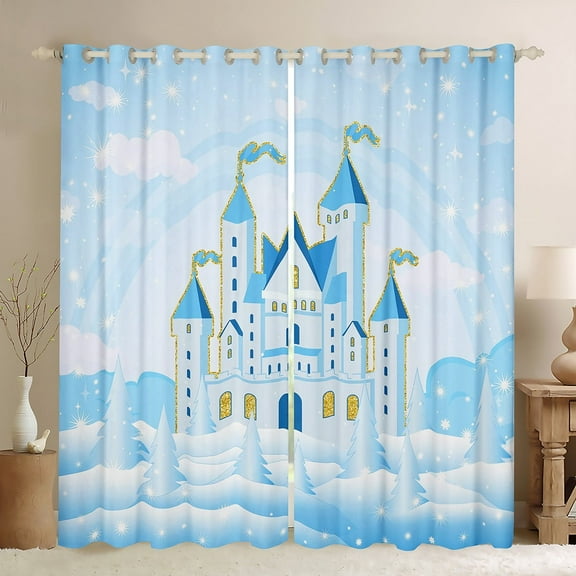 Manfei Princess Castle Curtains Pack of 2 (42x84 Each),Gold Sequin Print Curtains Blackout,Blue White Bedroom Curtains,Lightweight Room Decor