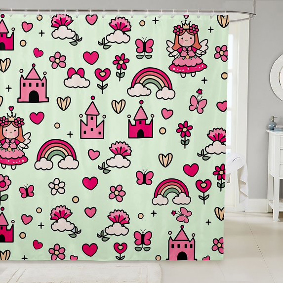 Manfei Princess Castle Shower Curtain 72Wx78L, Flower Cloud Rainbow Bath Curtain, Green Pink