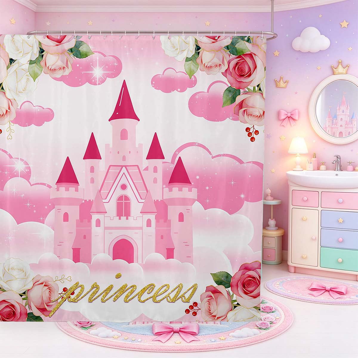 Manfei Princess Castle Shower Curtain 72Wx78L,Royal Rose Bath Curtain ...
