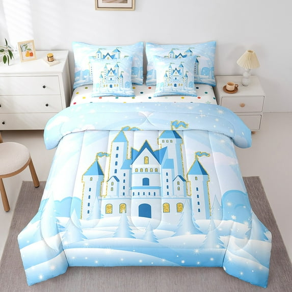 Manfei Princess Castle Twin Bedding Sets 7-Piece,Gold Sequin Print Bedding Comforter Set 7-Piece,Blue White Sheet Sets,Lightweight Room Decor Reversible