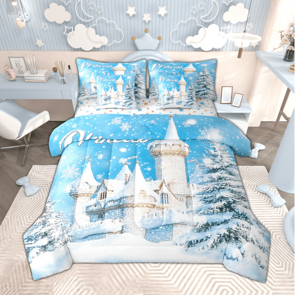 Manfei Princess Castle Twin Bedding Sets 7 Pieces, Winter Snow Xmas Tree Bedding Comforter Set, Cute Girls Sheet Sets, Microfiber Bedroom Decor
