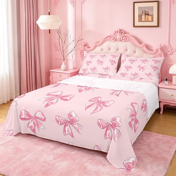 Manfei Princess Coquette Bowknot Bed Sheets For Kids,Pink Bow King Sheets For Girls,4-Piece