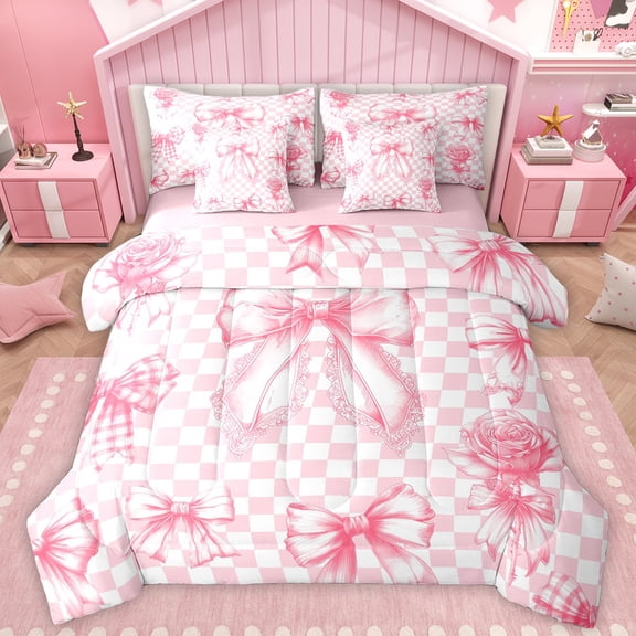Manfei Princess Cute Ribbon Twin Bedding Sets 7-Piece for Kid, Pink Buffalo Plaid Bedding Comforter Set, Romantic Rose Flower Reversible Sheet Sets, Lightweight Room Decor