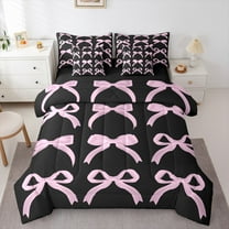 Manfei Princess Dreamy Bow Twin Bedding Sets 7-Piece for Kid, Black Pink Bedding Comforter Set, Kawaii Cartoon Bowknot Reversible Sheet Sets, Super Cozy Room Decor