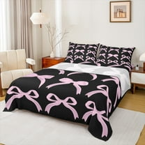 Manfei Princess Dreamy Bow Twin Sheet Sets for Kid, Black Pink Twin Fitted Sheet, Kawaii Cartoon Bowknot Flat Sheet, Super Cozy Room Decor, 3-Piece