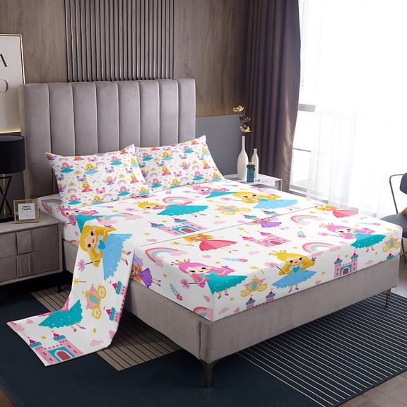 Manfei Princess Fairy Tale Full Size Sheets,Cute Cartoon Girls Bed Sheets,Colorful Kawaii Rainbow Sheet Sets For Kids,Luxury Bedroom Decor,4pcs