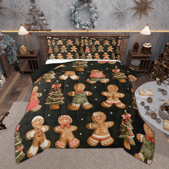 Manfei Princess Gingerbread Full Size Comforter Sets, Watercolor Xmas Tree Bedding Comforter Set, Merry Christmas Bedding Sets, Lightweight Room Decor Reversible 3-Piece
