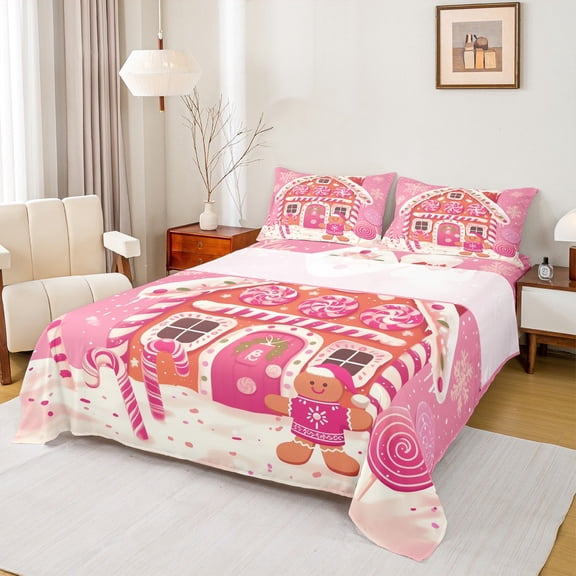 Manfei Princess Gingerbread House Twin Sheet Sets,Cartoon Gingerbread Man Twin Fitted Sheet,Merry Christmas Xmas Dessert Flat Sheet For Girl Kids,Microfiber Bedroom Decor,3pcs