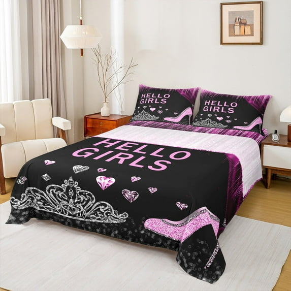 Manfei Princess High Heel Full Size Sheets for Girls, Bling Diamond Bed Sheets, Purple Sequin Print Sheet Sets, Ultra Soft Home Decor, 4pcs