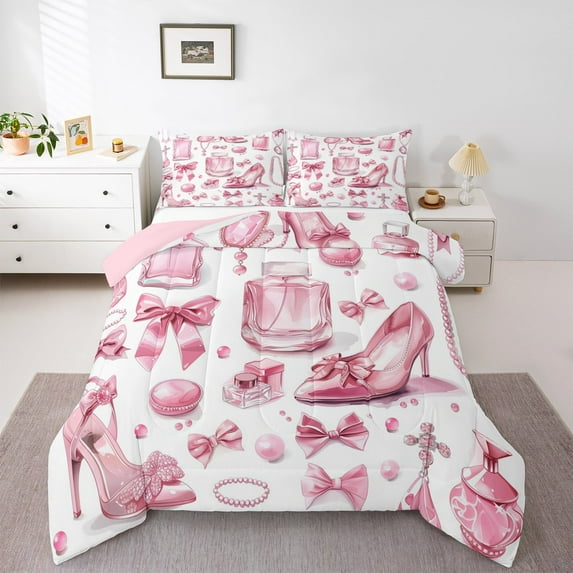 Manfei Princess High Heels Queen Comforter Set,Perfume Pearl Diamond Bedding Sets,Pink Bow Knot Bedding Comforter Set For Child,Ultra Soft Home Decor Reversible,3pcs