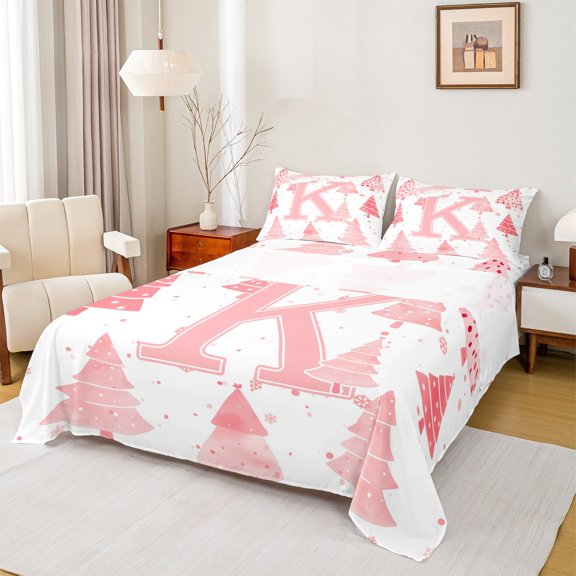 Manfei Princess Monogrammed K Full Size Sheets, Pink Christmas Tree Bed Sheets, Teen Boy Girl Kid Sheet Sets, Microfiber Bedroom Decor, 4 Pieces