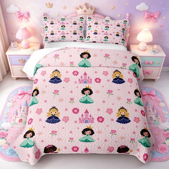 Manfei Princess Pattern Bed Spread Queen,Pretty Castle Queen Coverlet Set,3-Piece,1 Quilt and 2 Pillowcases