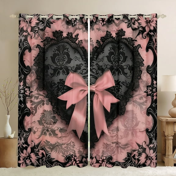 Manfei Princess Pink Bow Black Out Curtains, Chic Lattice Ribbon Curtains Pack of 2 (42x63 Each), Vintage Black Blossom Bedroom Curtains, Luxury Bedroom Decor