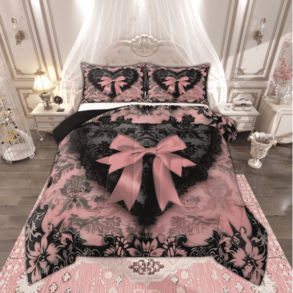 Manfei Princess Pink Bow Full Size Comforter Sets, Chic Lattice Ribbon Bedding Comforter Set, Vintage Black Blossom Bedding Sets, Microfiber Bedroom Decor Reversible 3 Pieces