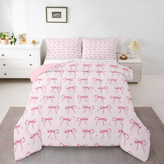 Manfei Princess Pink Bow Queen Comforter Set, Cartoon Love Heart Print Bedding Sets, Kawaii Ribbon Bowknot Reversible Bedding Comforter Set, Microfiber Bedroom Decor, 3-Piece