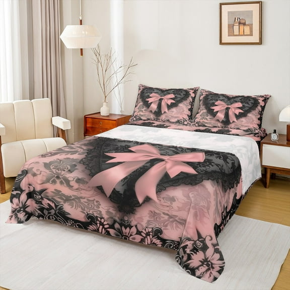 Manfei Princess Pink Bow Twin Sheet Sets, Chic Lattice Ribbon Twin Fitted Sheet, Vintage Black Blossom Flat Sheet, Microfiber Bedroom Decor 3pcs