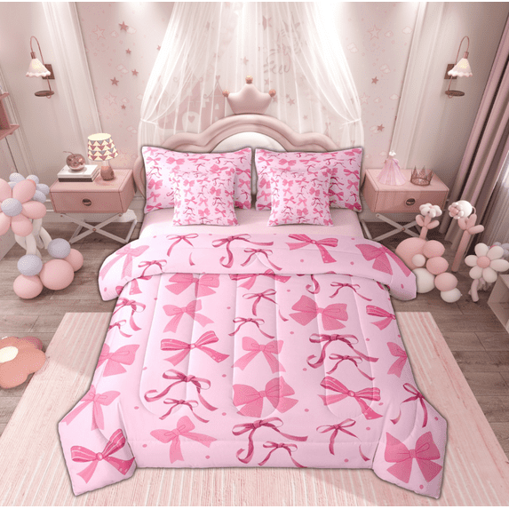 Manfei Princess Pink Bow-tie Bedding Comforter Set 7pcs for Kids, Kawaii Cartoon Bowknot Queen Bedding Sets, Cute Ribbon Reversible Queen Sheet Sets, Super Cozy Room Decor