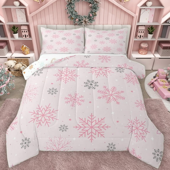 Manfei Princess Pink Cartoon Bedding Comforter Set for Girls, Dreamy Whiten Snowflake Twin Comforter Sets, Merry Christmas Reversible Bedding Set, Super Cozy Room Decor, 2 Pieces