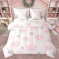 Manfei Princess Pink Cartoon Twin Bedding Sets 7-Piece for Girls, Dreamy Whiten Snowflake Bedding Comforter Set, Merry Christmas Reversible Sheet Sets, Super Cozy Room Decor