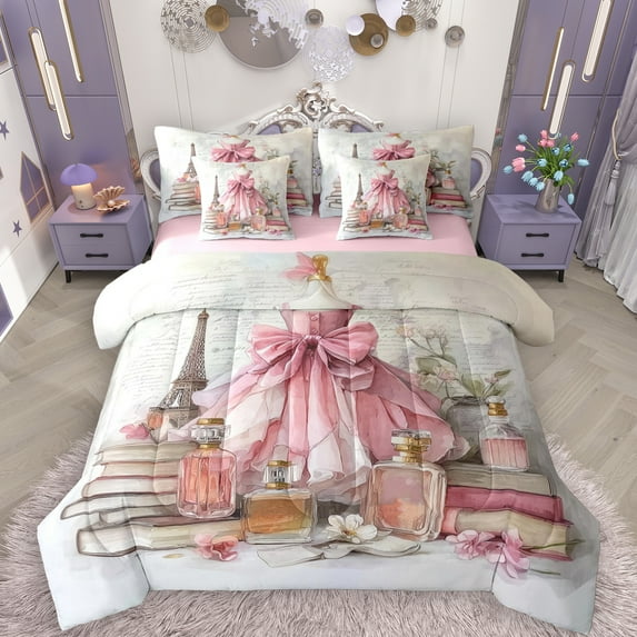 Manfei Princess Pink Dress 7-Piece Bedding Comforter Set for Girls, Romantic Eiffel Tower King Bedding Sets, Valentines Day Reversible Bed Sheets, Luxury Bedroom Decor