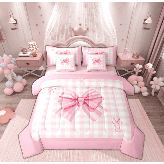 Manfei Princess Pink Ribbon Bedding Comforter Set 7pcs for Girl, Cartoon Monogrammed R Queen Bedding Sets, Buffalo Plaid Reversible Queen Sheet Sets, Microfiber Bedroom Decor