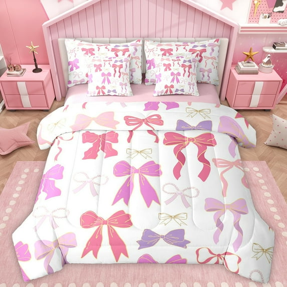 Manfei Princess Pink Ribbon Bedding Comforter Set 7pcs for Kids, Chic Fashion Ribbon King Bedding Sets, Cartoon Bow Theme Reversible Bed Sheets, Ultra Soft Bedroom Decor