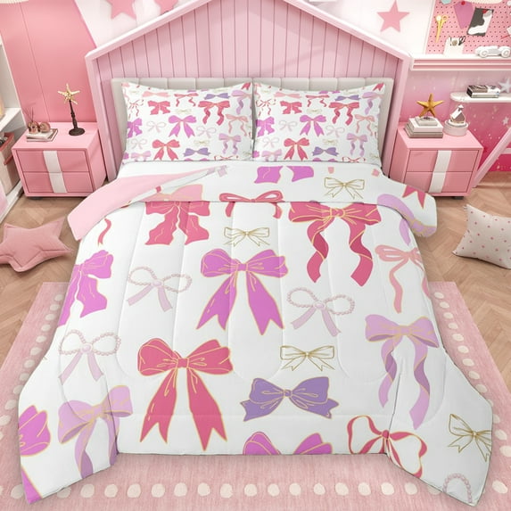 Manfei Princess Pink Ribbon Queen Comforter Set for Kids, Chic Fashion Ribbon Bedding Sets, Cartoon Bow Theme Reversible Bedding Comforter Set, Ultra Soft Bedroom Decor, 3pcs