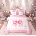 thumbnail image 1 of Manfei Princess Pink Ribbon Twin Bedding Sets 7-Piece for Girl, Cartoon Monogrammed K Bedding Comforter Set, Buffalo Plaid Reversible Sheet Sets, Luxury Bedroom Decor, 1 of 7