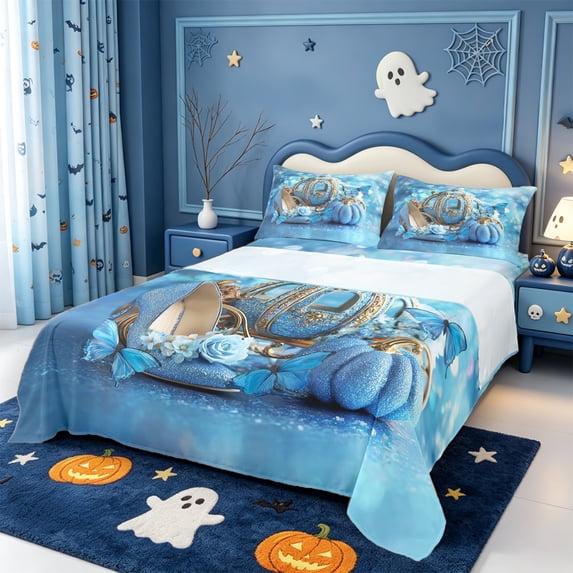 Manfei Princess Pumpkin Carriage King Sheets,Blue Dreamy High Heels Bedding,4 Pieces,1 Flat Sheet,1 Fitted Sheet and 2 Pillowcases