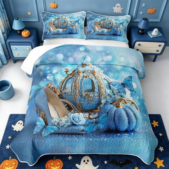 Manfei Princess Pumpkin Carriage Quilt Full,Blue Dreamy High Heels Full Bedspread Sets,3pcs,1 Coverlet and 2 Pillowcases