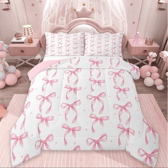Manfei Cute Pink Bowknot Kids Bedding Comforter Set,Girls Ribbon Bow Knot Twin Comforter Sets,Pink Bows Bedding Set,Reversible Pink,2 Piece