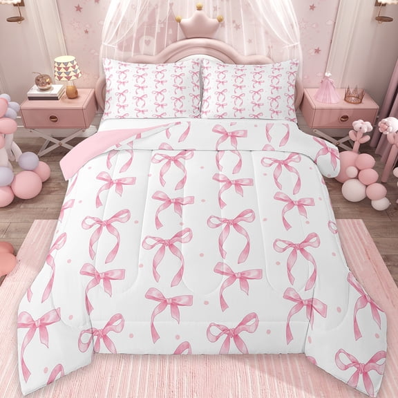 Manfei Girls Pink Bows Full Size Comforter Sets For Kids,Bowknot Princess Bedding Comforter Set,Kawaii Ribbon Bowtie Bedding Sets,Reversible Pink,3 Pieces