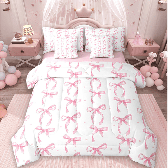 Manfei Cute Pink Bows Kids Twin Bedding Sets 7-Piece,Girls Bowknot Bedding Comforter Set,Dreamy Princess Bowtie Print,Reversible Pink
