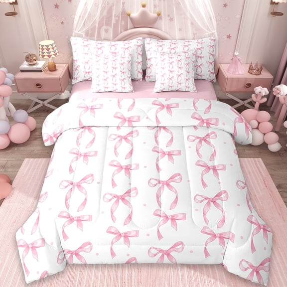 Manfei Cute Pink Bows Kids Twin Bedding Sets 7-Piece,Girls Bowknot Bedding Comforter Set,Dreamy Princess Bowtie Print,Reversible Pink