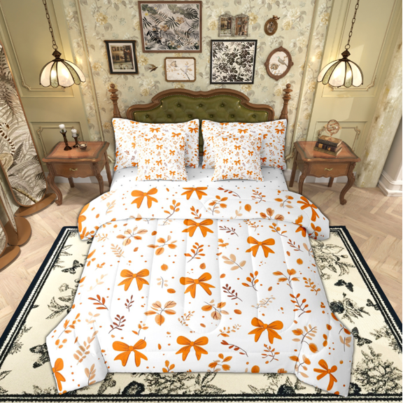Manfei Princess Ribbon Bow Twin Bedding Sets 7-Piece for Girl, Fall Autumn Botanical Bedding Comforter Set, Vintage Rustic Reversible Sheet Sets, Ultra Soft Home Decor