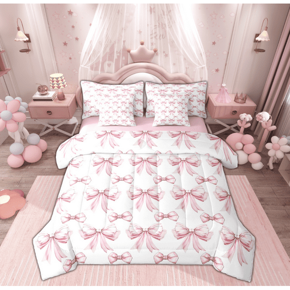 Manfei Princess Ribbon Child Bedding Comforter Set 7-Piece, White Pink Cartoon King Bedding Sets, Kawaii Bowknot Bow Reversible Bed Sheets, Microfiber Bedroom Decor